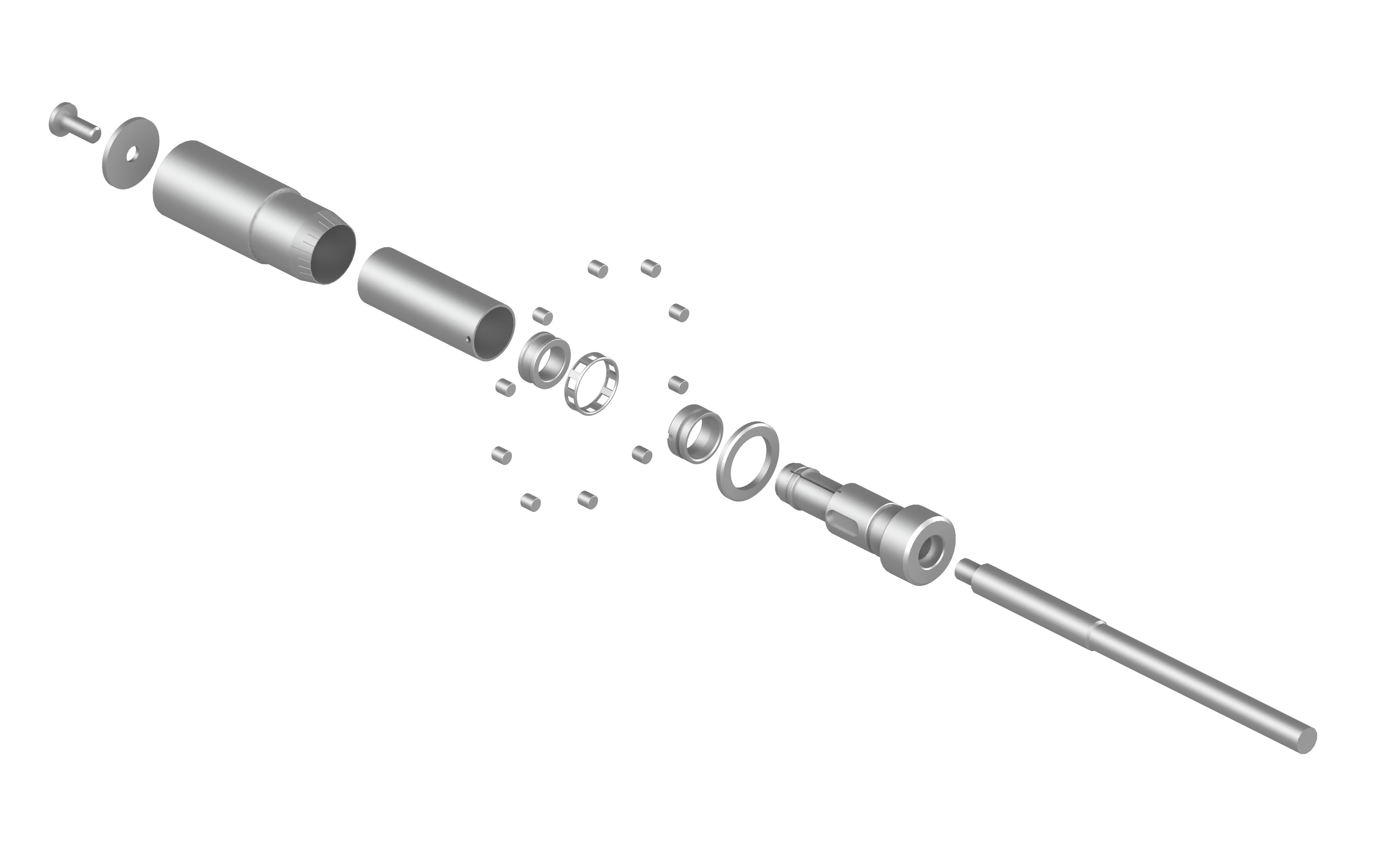Exploded mechanical assembly representing the portfolio sections